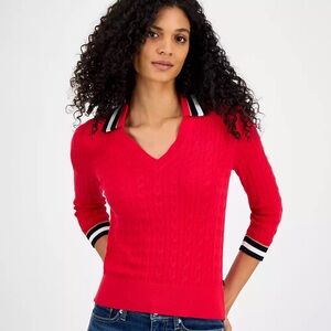 Tommy Hilfiger Red V-Neck Sweater with Striped Accents